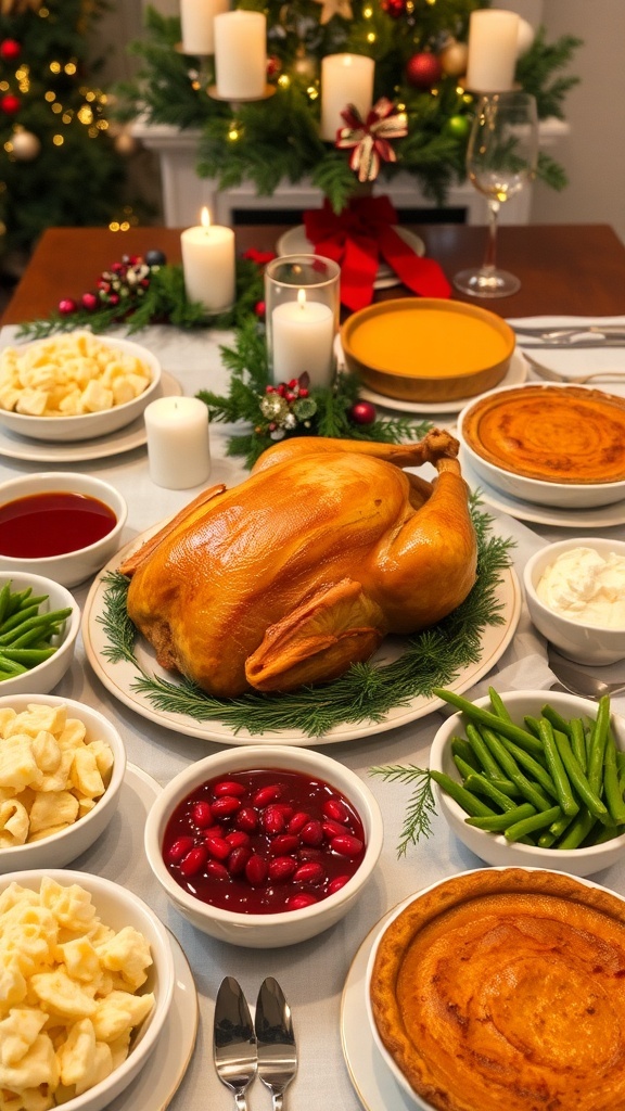 A festive Christmas dinner table with roasted turkey, mashed potatoes, green beans, cranberry sauce, and pumpkin pie.